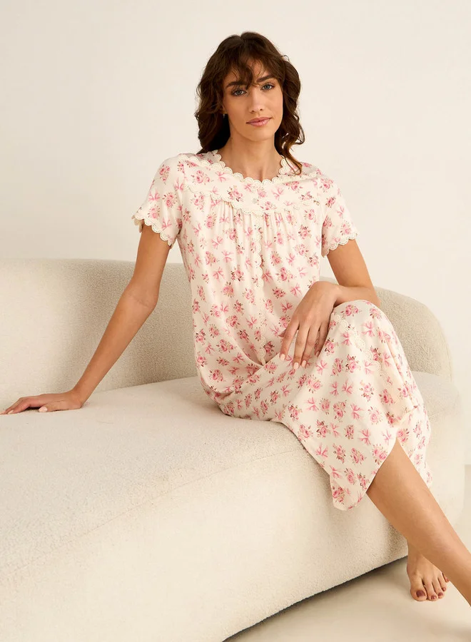 Splash FAV Night Dress Short Sleeves Floral Print Lace Detail